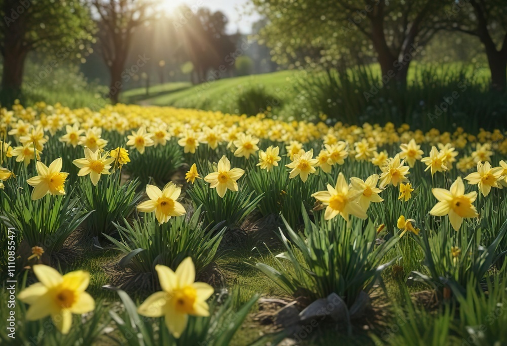 Obraz premium Vibrant daffodils sway in the gentle spring breeze amidst a lush green field , daffodils, nature
