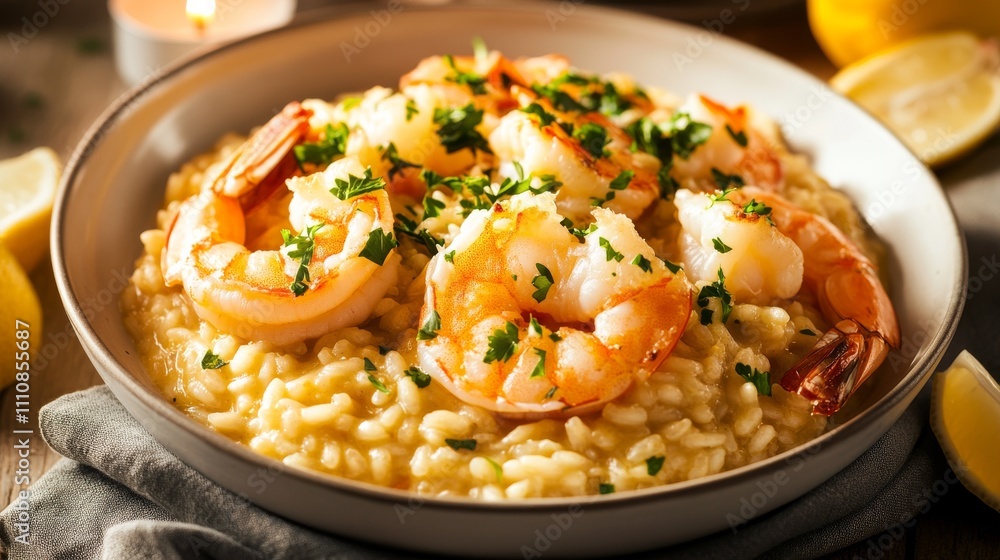 Photo of, A bowl of creamy risotto infused with saffron, topped with plump shrimp and garnished with chopped parsley Photo of, A bowl of creamy risotto infused with saffron, topped with plump shrimp and garnished with chopped parsley