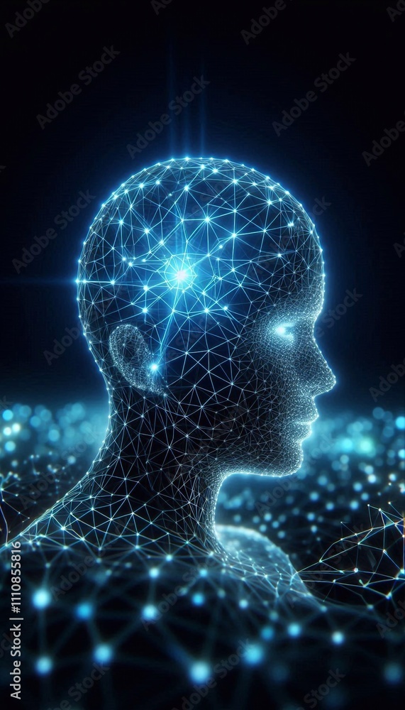 Digital head silhouette with glowing lines and nodes, symbolizing AI and neural networks Digital head silhouette with glowing lines and nodes, symbolizing AI and neural networks