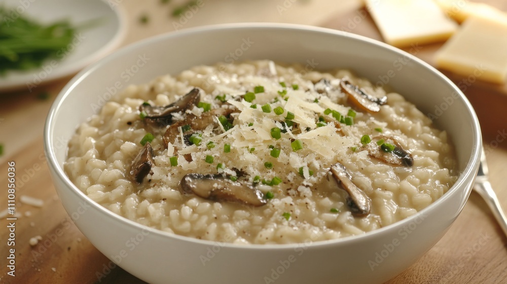 Photo of, A bowl of creamy risotto infused with wild mushrooms and Parmesan cheese, garnished with fresh chives Photo of, A bowl of creamy risotto infused with wild mushrooms and Parmesan cheese, garnished with fresh chives