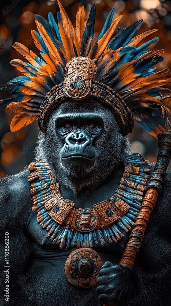Obraz premium Majestic Gorilla Adorned In Ancient Tribal Regalia