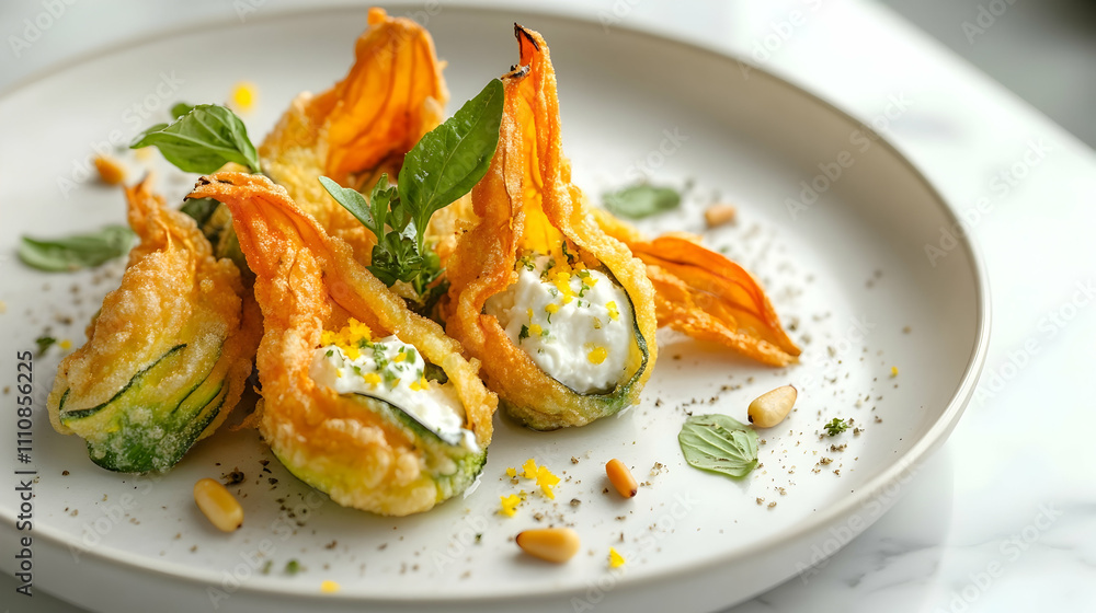 Stuffed Zucchini Blossoms with Whipped Ricotta, Pine Nuts and Lemon Zest, Italian Summer Photography Stuffed Zucchini Blossoms with Whipped Ricotta, Pine Nuts and Lemon Zest, Italian Summer Photography