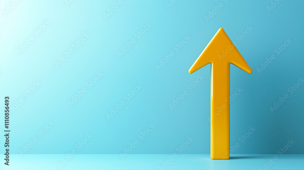 Bright yellow upward arrow on a minimalist blue background symbolizing growth, progress, and direction. Minimal business banner with empty copy space Bright yellow upward arrow on a minimalist blue background symbolizing growth, progress, and direction. Minimal business banner with empty copy space