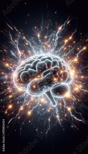 Floating brain surrounded by lightning and glowing lights, symbolizing energy and futuristic power