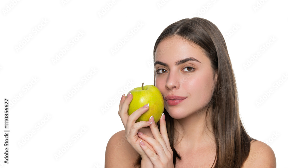 Healthy lifestyle diet. Caucasian woman biting fresh apple isolated on white. Healthy food vitamin. Natural organic products. Skincare and diet. Young woman dieting. Apple detox. Advertisement Healthy lifestyle diet. Caucasian woman biting fresh apple isolated on white. Healthy food vitamin. Natural organic products. Skincare and diet. Young woman dieting. Apple detox. Advertisement