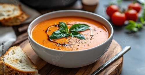 Warm Comforting Bowl of Creamy Tomato Soup. AI generated illustration.