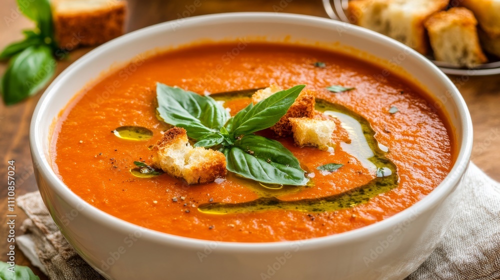 Photo of, A bowl of creamy tomato basil soup garnished with a dollop of pesto, Soup in bowl Photo of, A bowl of creamy tomato basil soup garnished with a dollop of pesto, Soup in bowl