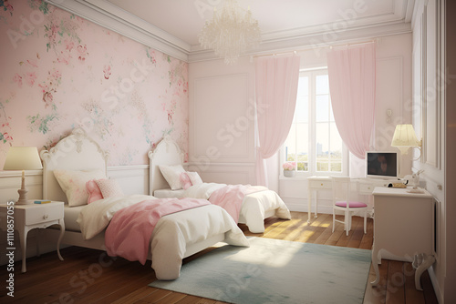  Interior home decor with pink  color Bedroom with a Two Bed Design  and very beautiful.