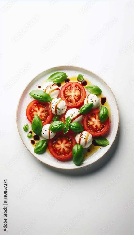 Fresh Caprese salad on a white plate with tomatoes, mozzarella, and basil Fresh Caprese salad on a white plate with tomatoes, mozzarella, and basil