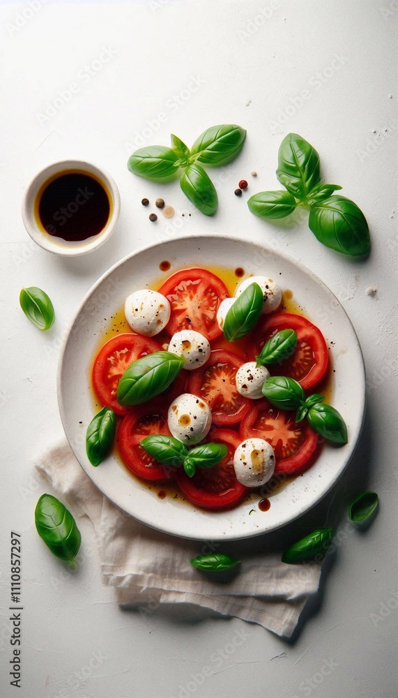 Fresh Caprese salad on a white plate with tomatoes, mozzarella, and basil Fresh Caprese salad on a white plate with tomatoes, mozzarella, and basil