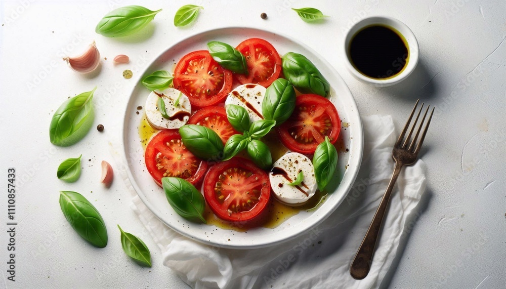 Fresh Caprese salad on a white plate with tomatoes, mozzarella, and basil Fresh Caprese salad on a white plate with tomatoes, mozzarella, and basil