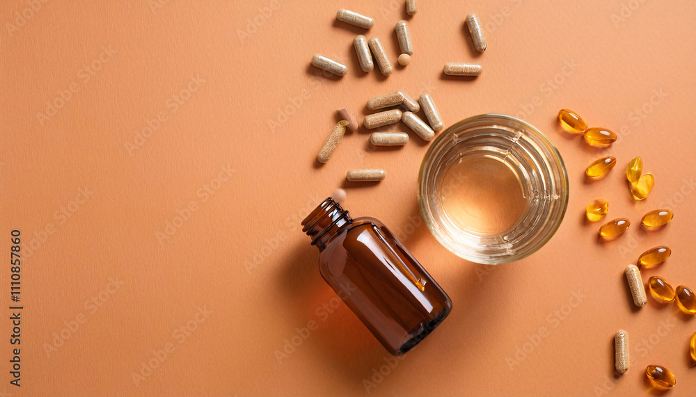 Flatlay showcasing vitamin capsules, a glass of water, and an amber bottle on an orange background for health and wellness Flatlay showcasing vitamin capsules, a glass of water, and an amber bottle on an orange background for health and wellness