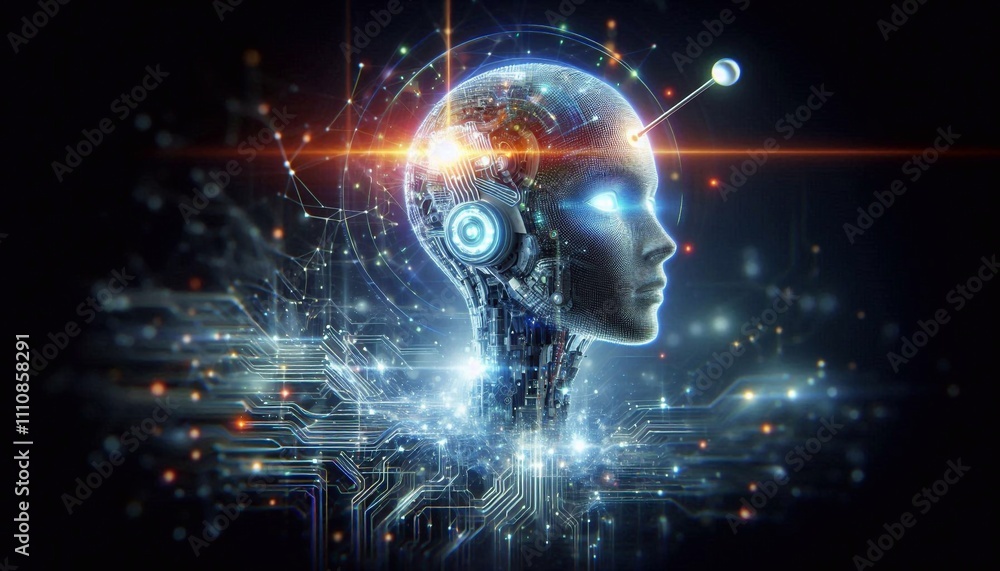 Obraz premium Floating robotic head with glowing eyes and antenna, symbolizing AI technology