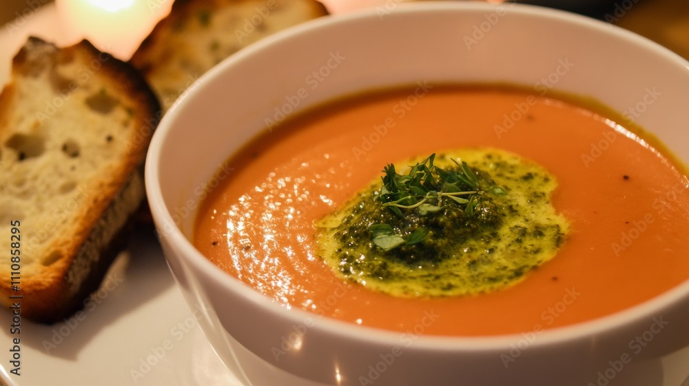 Photo of, A bowl of creamy tomato basil soup garnished with fresh basil leaves, Soup in bowl Photo of, A bowl of creamy tomato basil soup garnished with fresh basil leaves, Soup in bowl