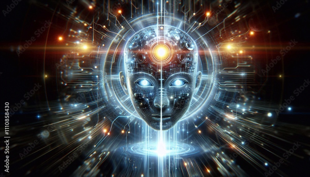 Floating robotic head with glowing eyes and antenna, symbolizing AI technology Floating robotic head with glowing eyes and antenna, symbolizing AI technology