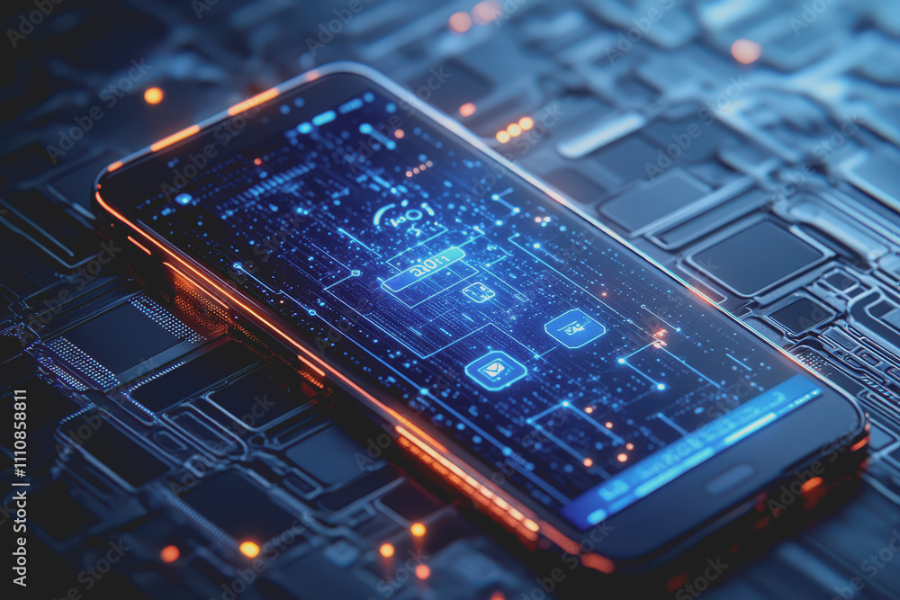 Modern smartphone design is placed on a blue background with a digital theme showing various icons. Modern smartphone design is placed on a blue background with a digital theme showing various icons.