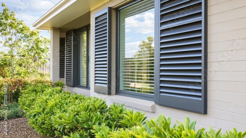 Outside shutters and roller blinds on windows of a modern home, enhancing privacy while contributing to the clean, minimalist exterior design