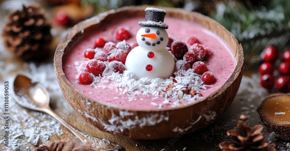 Naklejka premium Winter Christmas Smoothie Bowl with Coconut and Snowman. AI generated illustration.