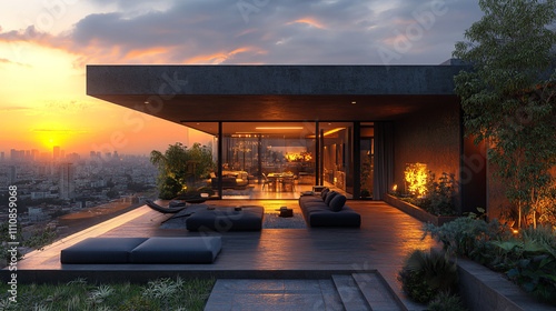 Schilderij op canvas Stunning Modern Penthouse with City Views at Sunset