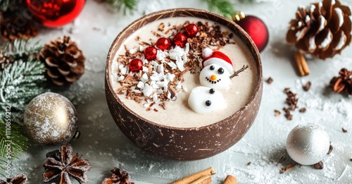 Winter Christmas Smoothie Bowl with Coconut and Snowman. AI generated illustration.