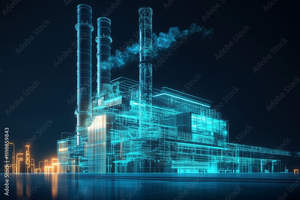 futuristic holographic power plant with glowing blue outlines and smoke emissions, showcasing advanced technology and industrial design