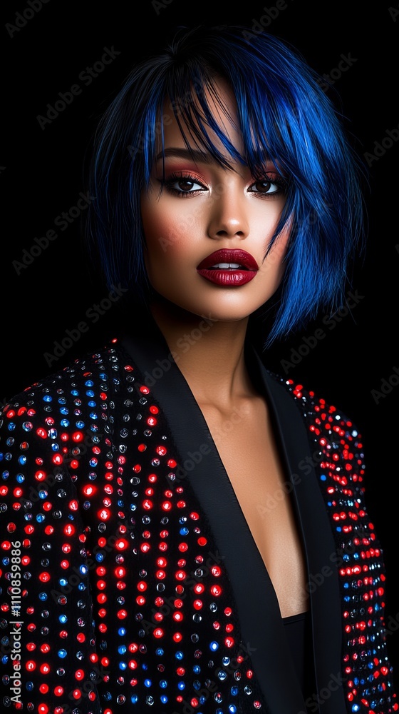A stunning Asian woman with blue hair and bold makeup poses in a shimmering sequined jacket. A stunning Asian woman with blue hair and bold makeup poses in a shimmering sequined jacket.