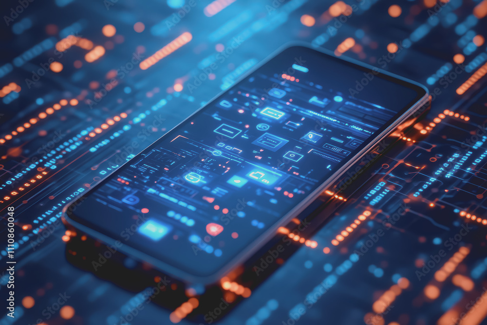 Modern smartphone design is placed on a blue background with a digital theme showing various icons.