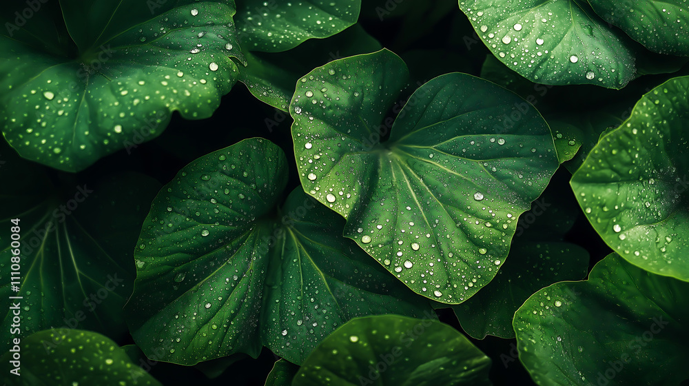 Fototapeta premium Close up of several fresh green leaves with visible water droplets