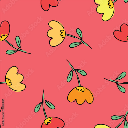 Hand Drawn Seamless Simple Flower Pattern in Kids Style Trendy Print Vector