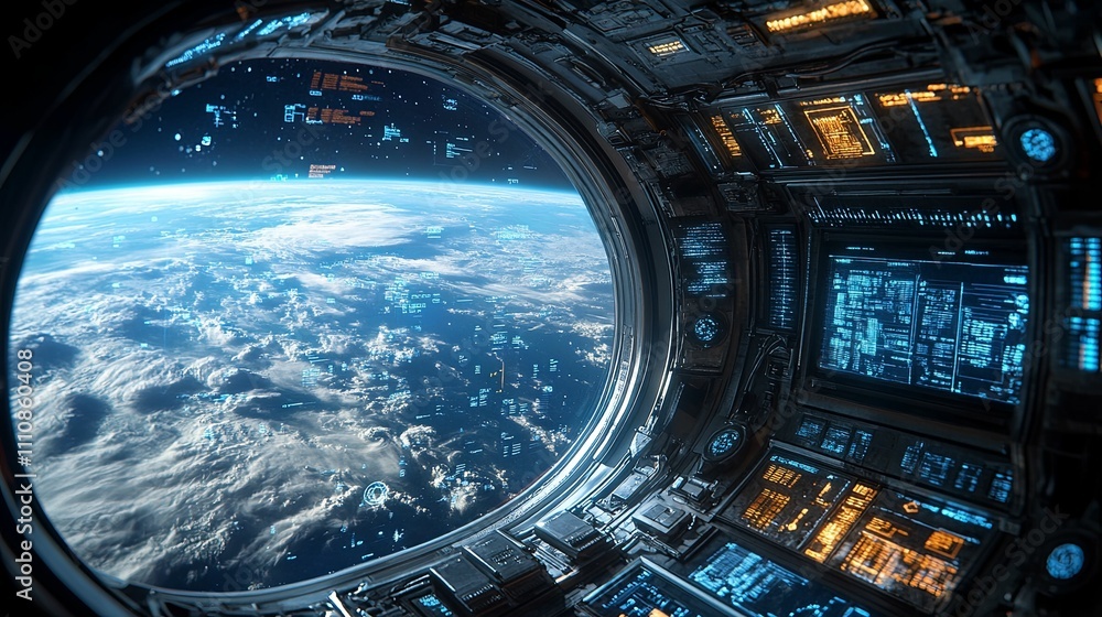 Fototapeta premium Spaceship Window View Showing Earth And Futuristic Controls