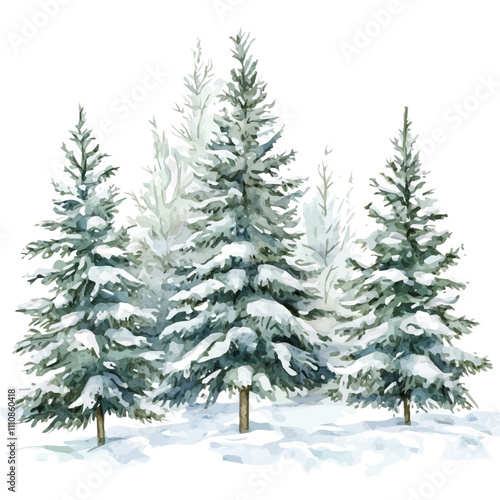 Watercolor snowy pine tree forest scene isolated on, Watercolor Christmas tree farm with snow-covered evergreens isolated on white background.