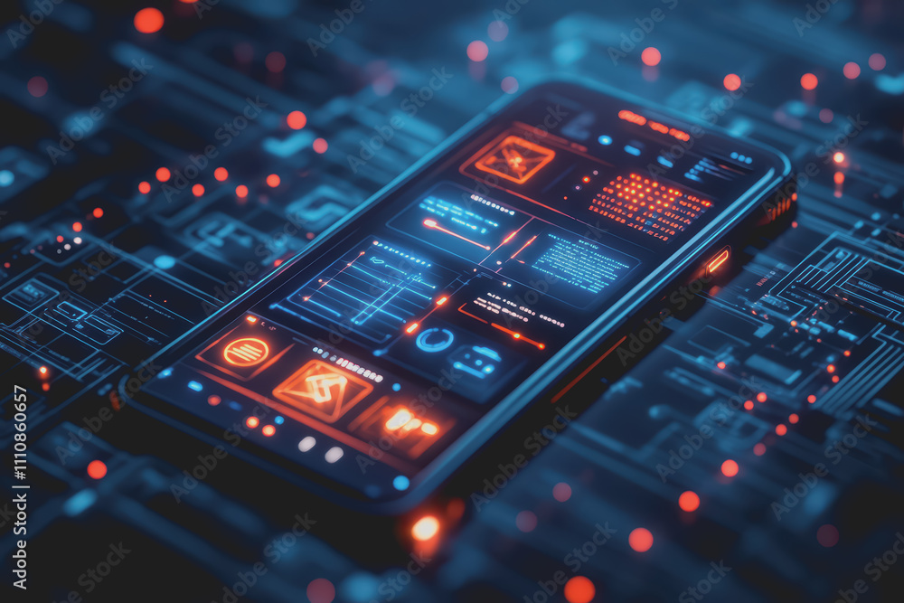 Modern smartphone design is placed on a blue background with a digital theme showing various icons. Modern smartphone design is placed on a blue background with a digital theme showing various icons.