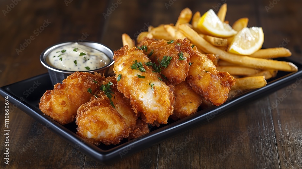Fish and chips with tartar sauce and lemon slice, parsley topping on black plate and rustic wooden table Fish and chips with tartar sauce and lemon slice, parsley topping on black plate and rustic wooden table