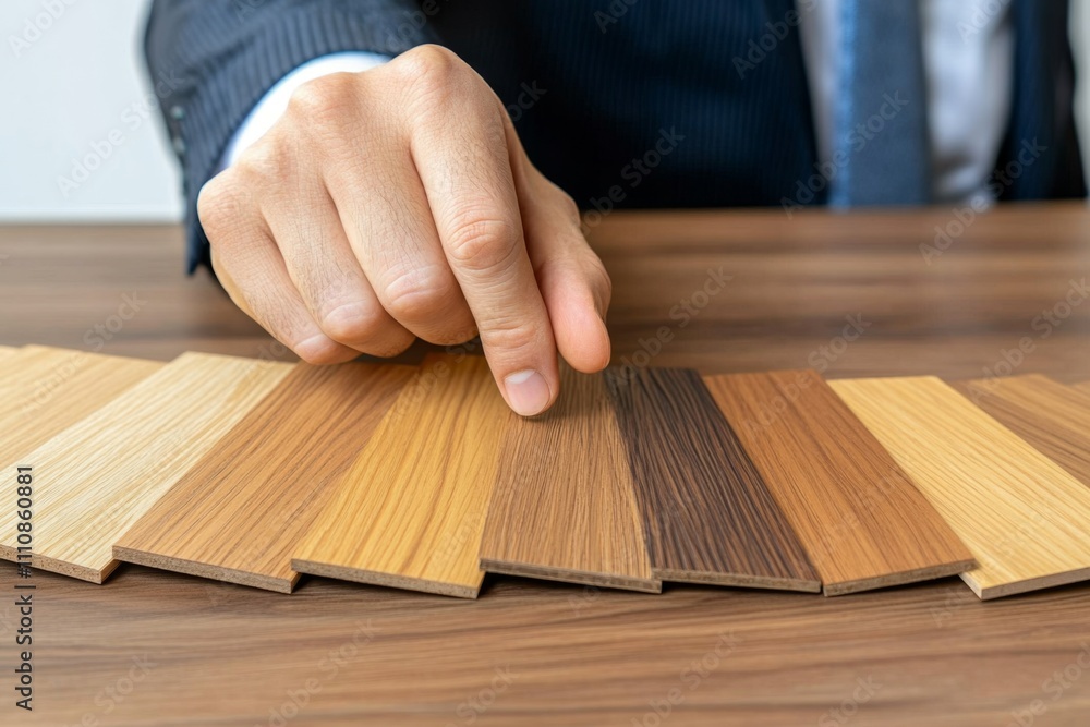 A designer pointing out a specific wooden laminated sample in a fan-shaped swatch of natural textures, perfect for creative furniture and interior design solutions A designer pointing out a specific wooden laminated sample in a fan-shaped swatch of natural textures, perfect for creative furniture and interior design solutions