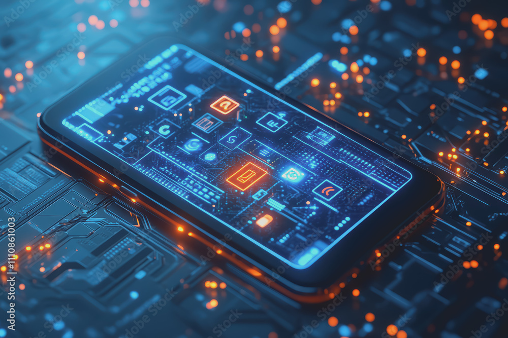 Modern smartphone design is placed on a blue background with a digital theme showing various icons. Modern smartphone design is placed on a blue background with a digital theme showing various icons.