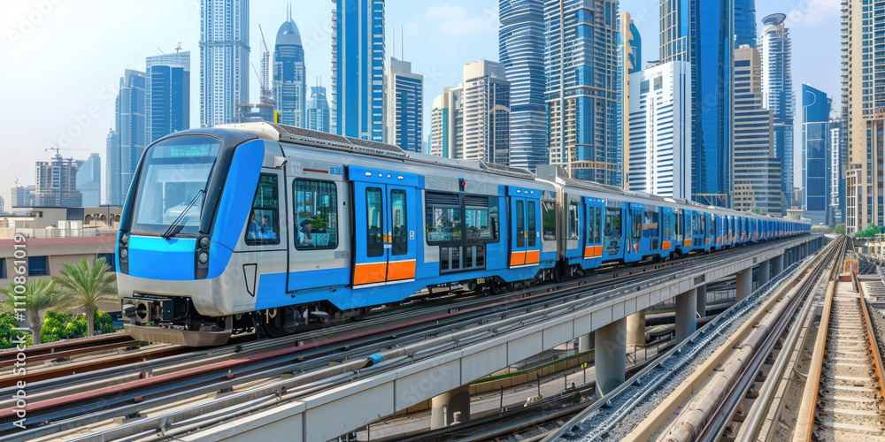 Modern railway train navigating through a bustling urban skyline in daylight hours Modern railway train navigating through a bustling urban skyline in daylight hours