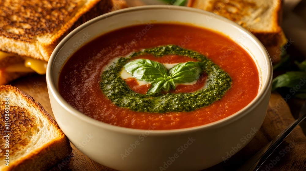 Photo of, A bowl of creamy tomato soup garnished with a swirl of pesto and served with grilled cheese sandwiches for dipping, Tomato soup bowl centered Photo of, A bowl of creamy tomato soup garnished with a swirl of pesto and served with grilled cheese sandwiches for dipping, Tomato soup bowl centered
