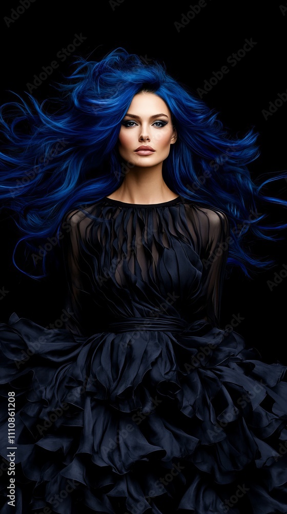 A striking woman with vibrant blue hair wears an elegant dark gown against a black background. A striking woman with vibrant blue hair wears an elegant dark gown against a black background.