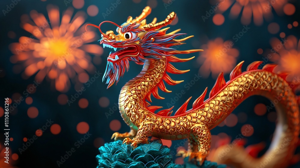 Obraz premium Golden Dragon Figurine Chinese New Year Festive Firework Background