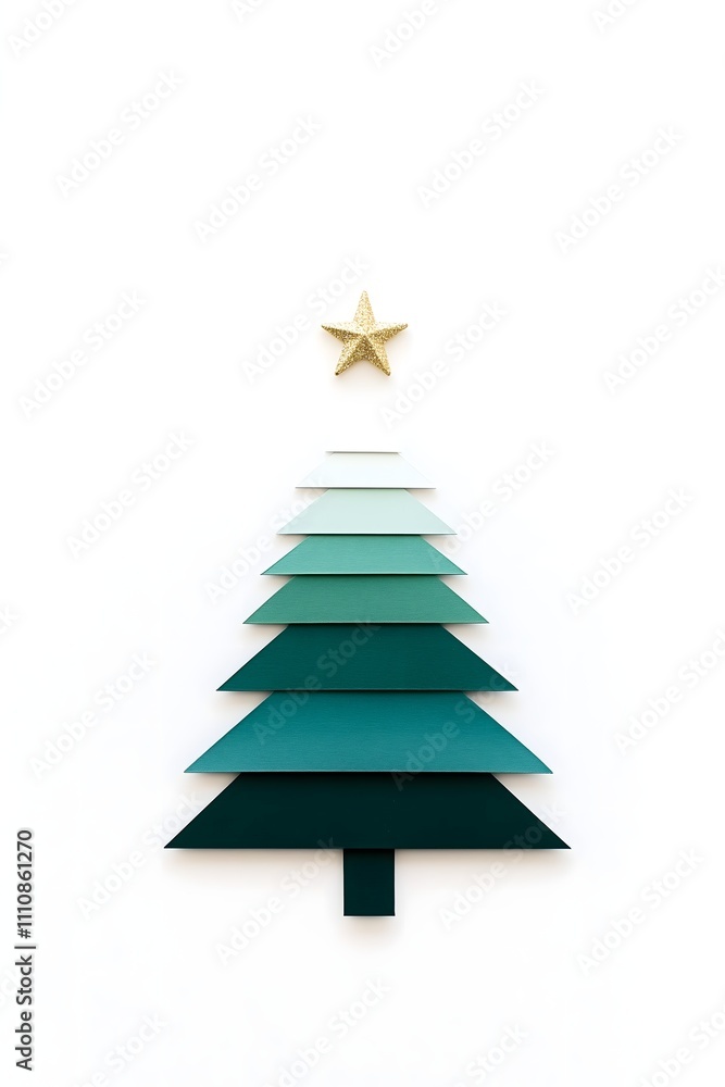 Layered Christmas tree in gradient green tones with a gold star, set against a white minimalist background. Layered Christmas tree in gradient green tones with a gold star, set against a white minimalist background.
