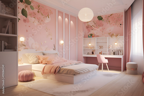 pink  color Bedroom with a Two layer Bed Design  and very beautiful.