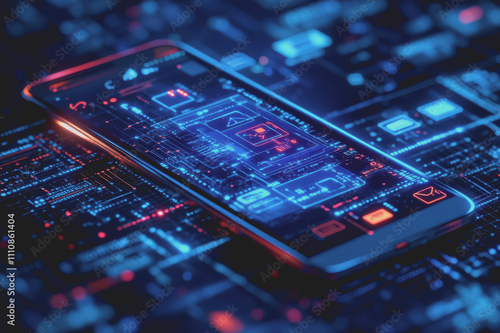 Modern smartphone design is placed on a blue background with a digital theme showing various icons.