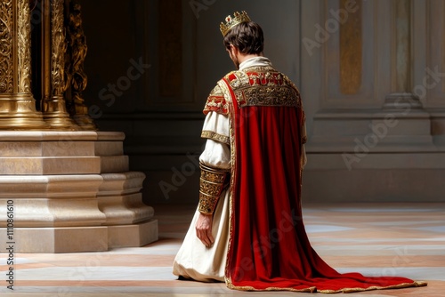 A dramatic scene of a knight kneeling before a throne, with the ruler crown gleaming in the dim light of a royal chamber photo