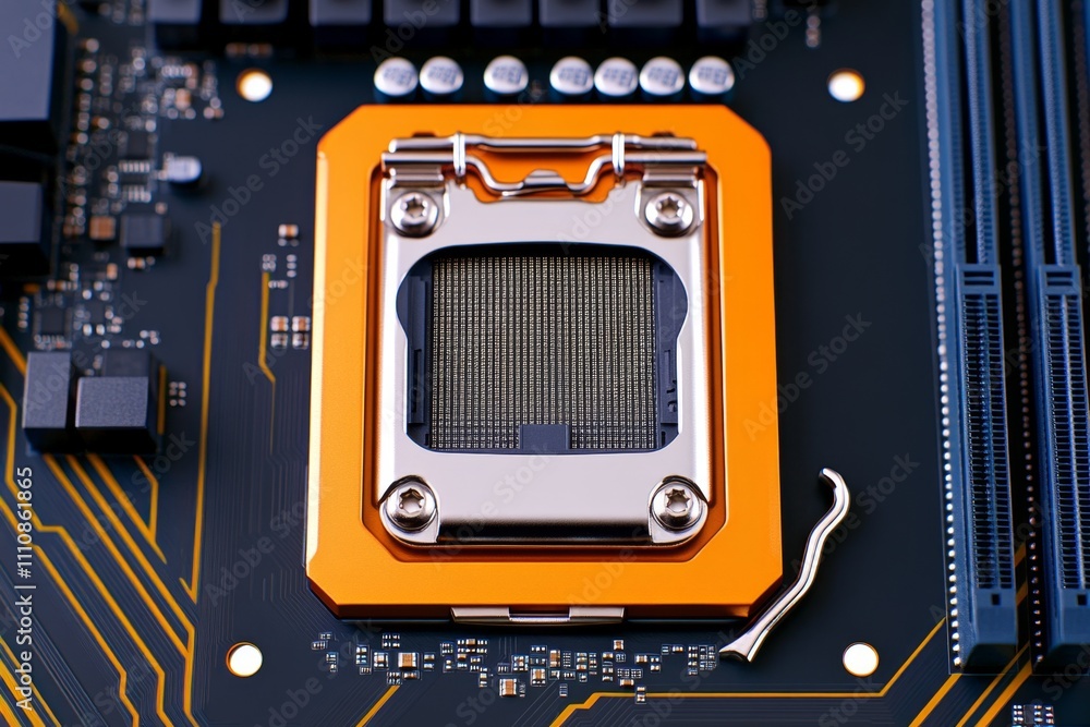 Fototapeta premium A dynamic image of a CPU socket on a motherboard, with the lid open and ready for installation