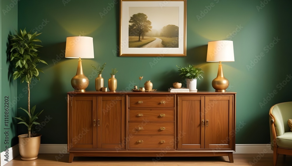 Wood sideboard in green living room with copy space Wood sideboard in green living room with copy space