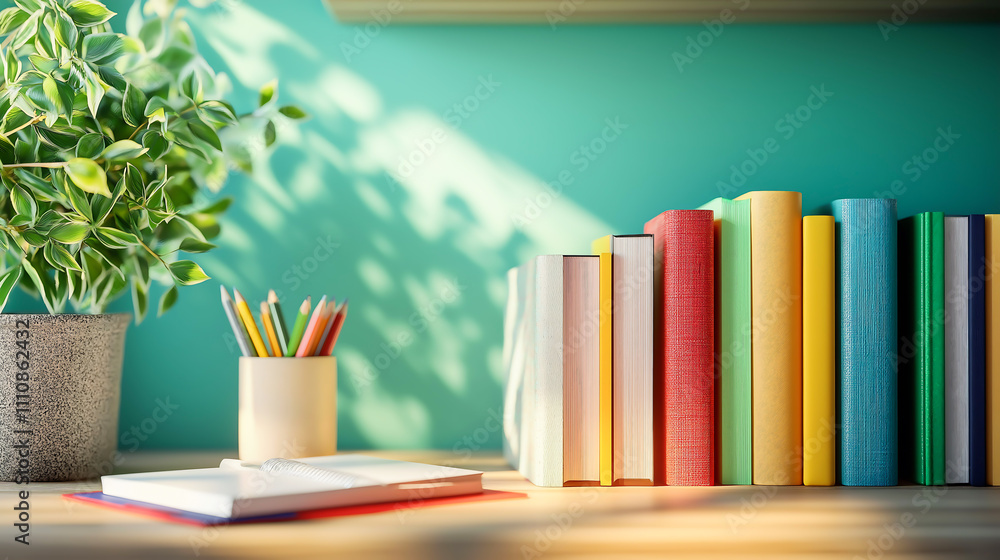 Colorful textbooks and stationery on a well arranged shelf, symbolizing an ideal setting for education and study promotion
