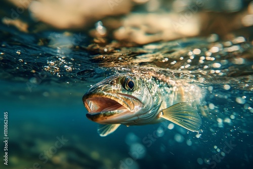 Underwater image of fish swimming with open mouth and bubbles