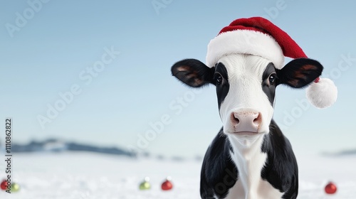 Festive cow in santa hat snowy landscape animal photography winter wonderland close-up perspective holiday spirit