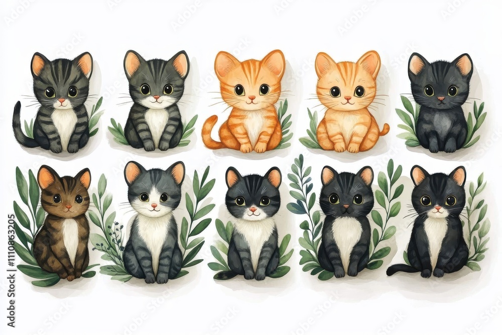 A cute illustration of ten cartoon cats in various colors surrounded by green foliage. A cute illustration of ten cartoon cats in various colors surrounded by green foliage.