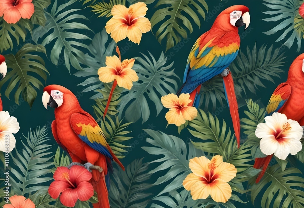 Tropical exotic pattern with animal and flowers in bright colors and lush vegetationn Tropical exotic pattern with animal and flowers in bright colors and lush vegetationn
